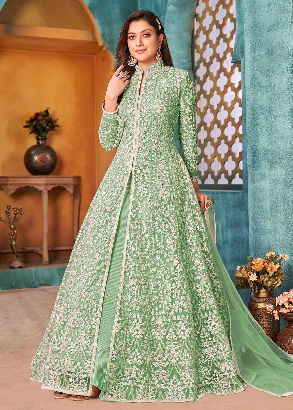 Buy Front Slit Green Anarkali - Wedding Wear Anarkali Suit