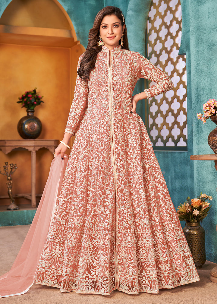 Buy Front Slit Peachy Pink  Anarkali - Wedding Wear Anarkali Suit
