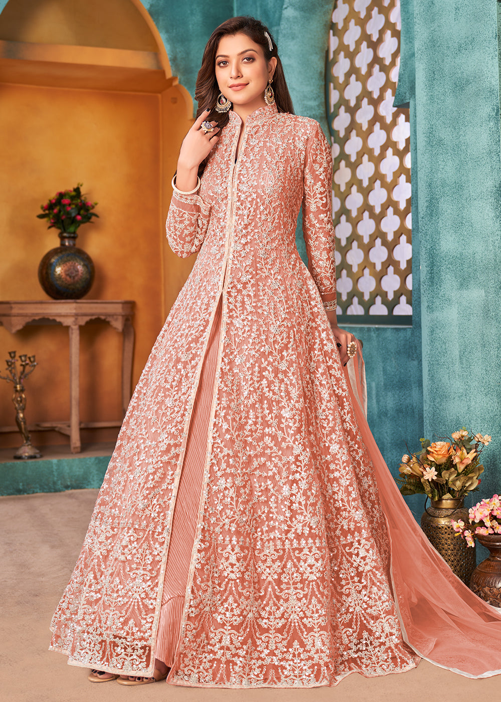 Buy Front Slit Peachy Pink  Anarkali - Wedding Wear Anarkali Suit