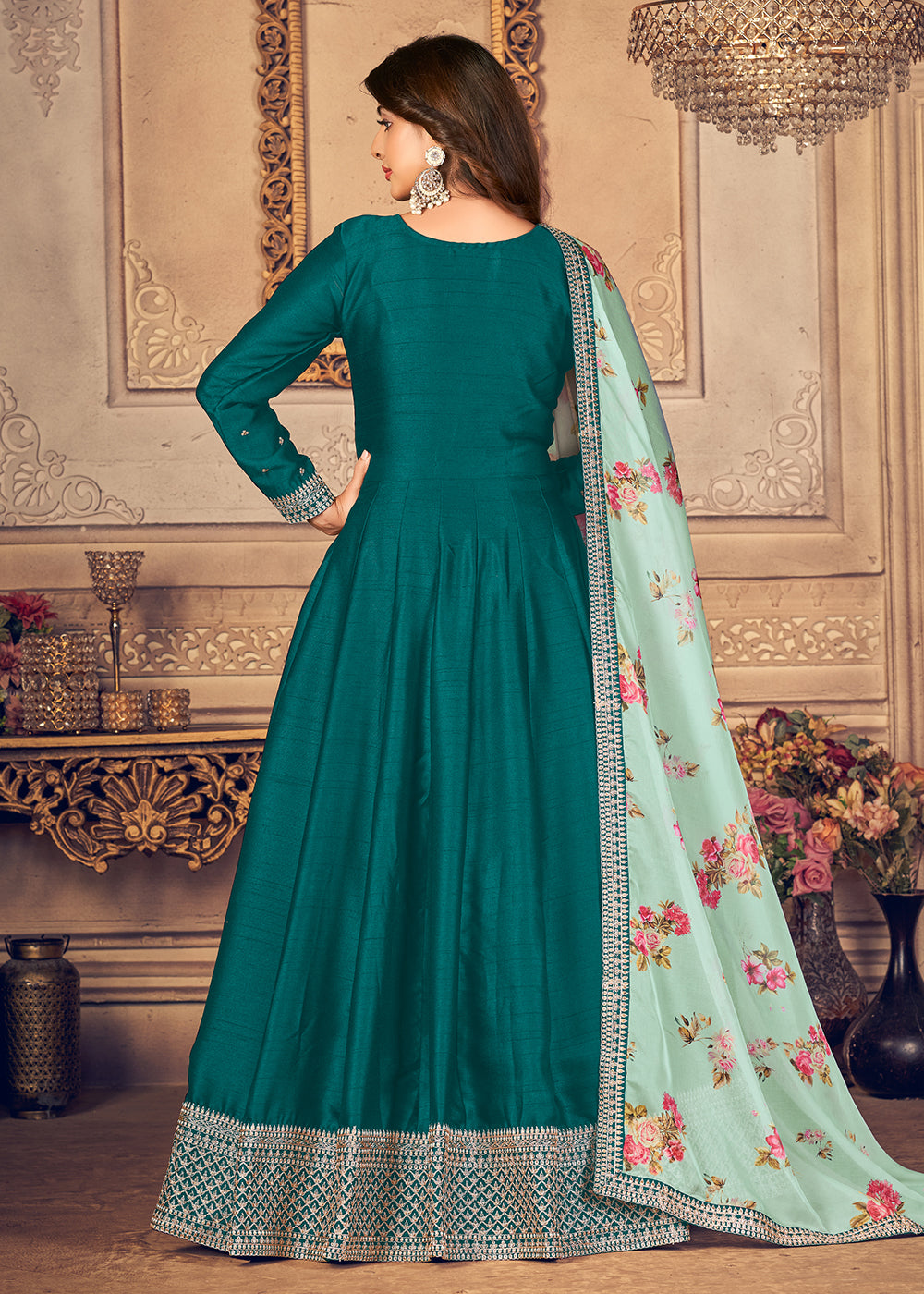 Buy Now Teal Green Silk Beautifully Embroidered Floor Length Anarkali Suit Online in Canada at Empress Clothing.