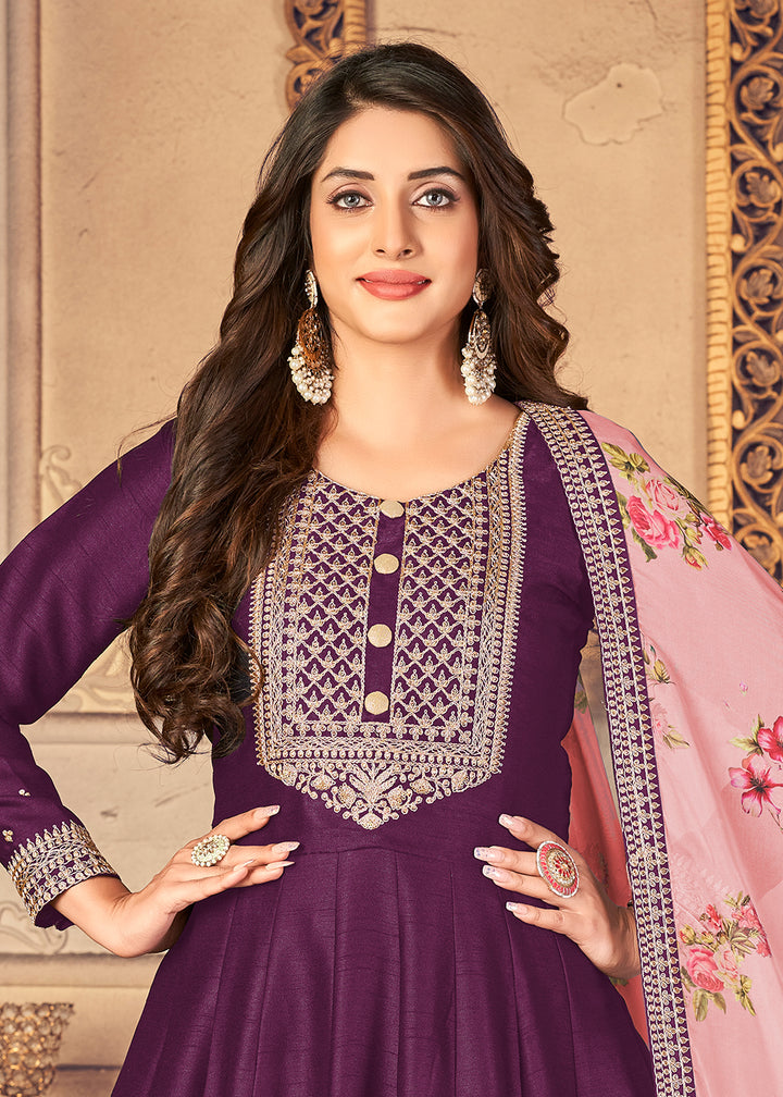 Buy Now Plum Purple Silk Beautifully Embroidered Floor Length Anarkali Suit Online in Canada at Empress Clothing. 