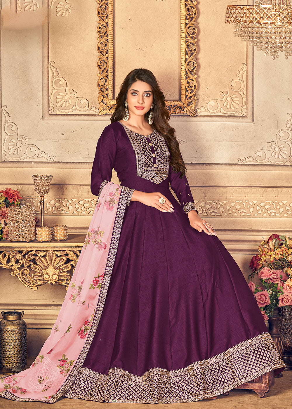 Buy Now Plum Purple Silk Beautifully Embroidered Floor Length Anarkali Suit Online in Canada at Empress Clothing. 