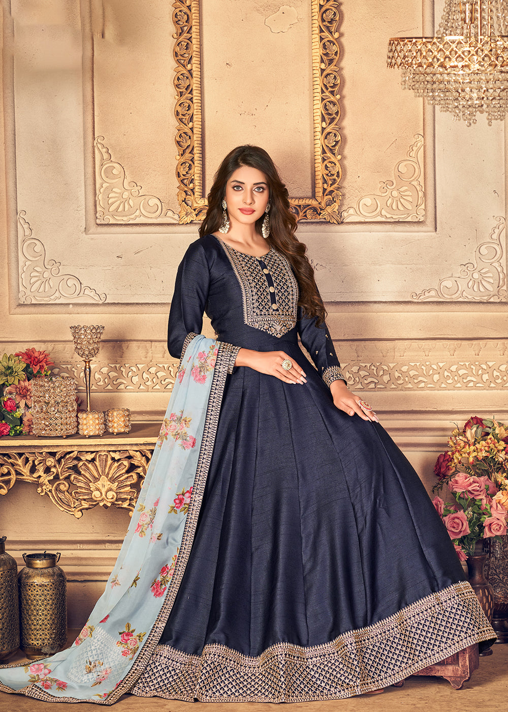 Buy Now Navy Blue Silk Beautifully Embroidered Floor Length Anarkali Suit Online in Canada at Empress Clothing.