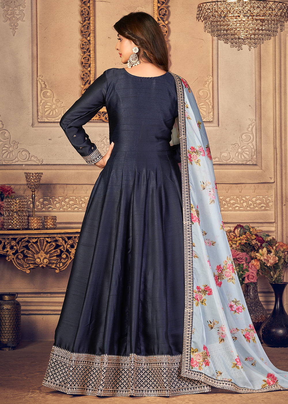 Buy Now Navy Blue Silk Beautifully Embroidered Floor Length Anarkali Suit Online in Canada at Empress Clothing.