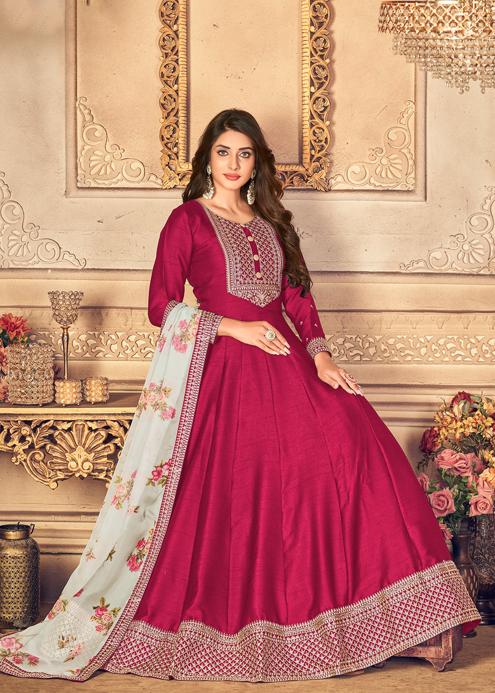 Buy Now Hot Pink Silk Beautifully Embroidered Floor Length Anarkali Suit Online in Canada at Empress Clothing. 