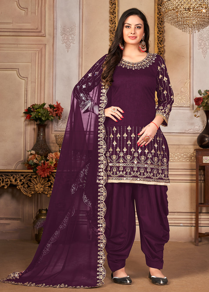 Buy Now Purple Patiala Style Silk Crafted Punjabi Salwar Suit Online in USA, UK, Canada & Worldwide at Empress Clothing.
