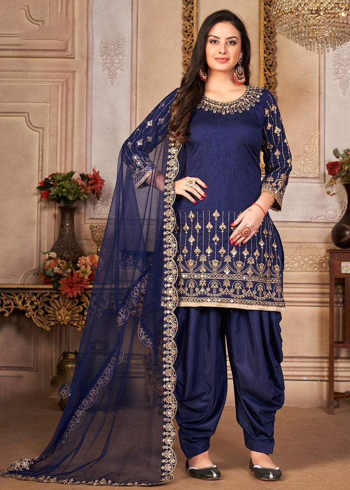 Buy Now Blue Patiala Style Silk Crafted Punjabi Salwar Suit Online in USA, UK, Canada & Worldwide at Empress Clothing