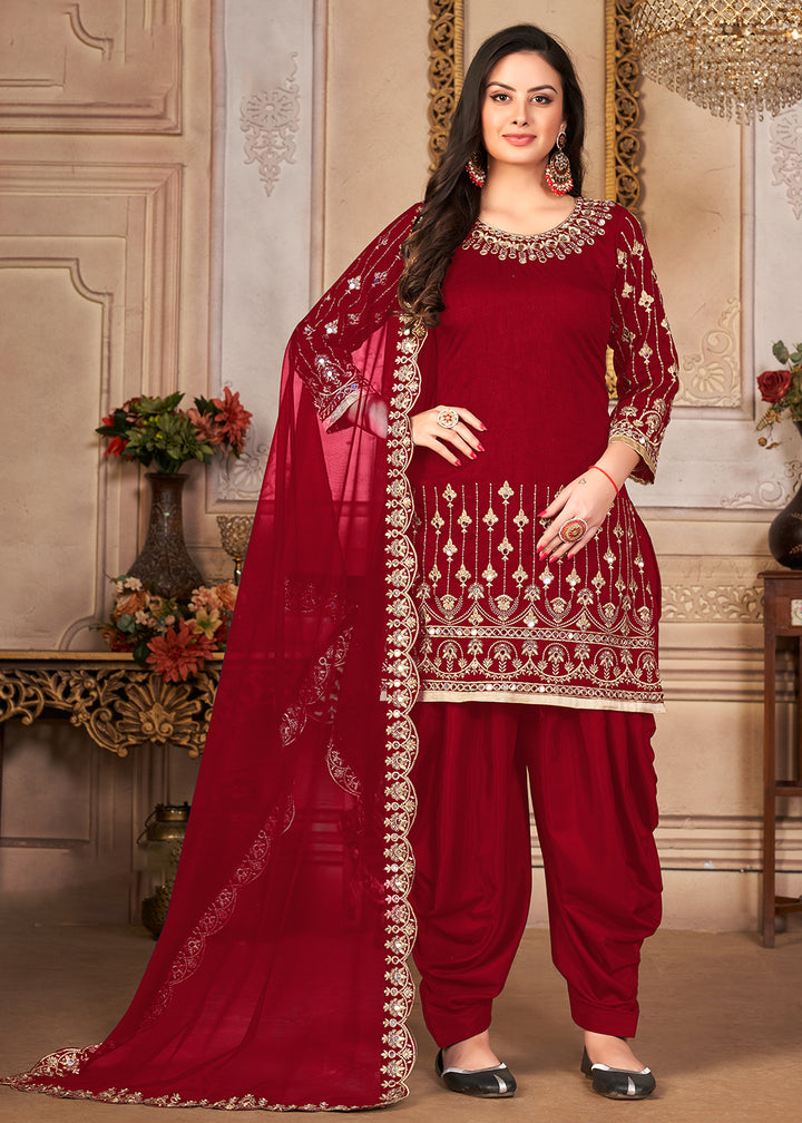 Buy Now Red Patiala Style Silk Crafted Punjabi Salwar Suit Online in USA, UK, Canada & Worldwide at Empress Clothing.