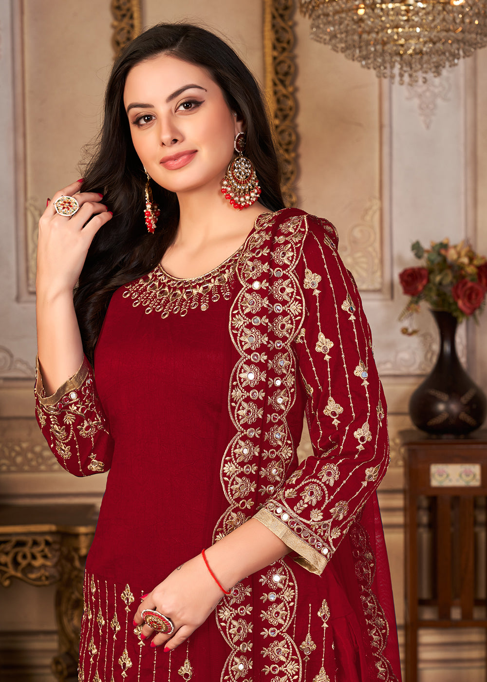 red punjabi dress for women Handmade Red Velvet Punjabi Suit: Custom Lace Shalwar Kameez
