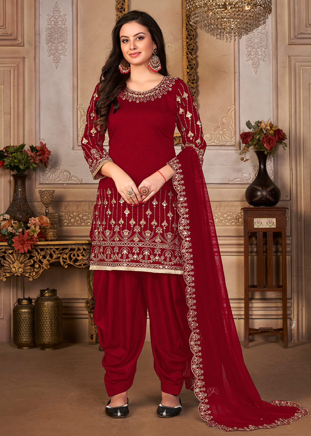 Buy Now Red Patiala Style Silk Crafted Punjabi Salwar Suit Online in USA, UK, Canada & Worldwide at Empress Clothing.
