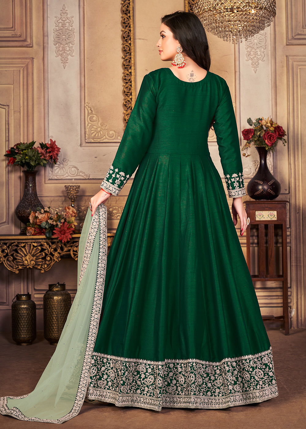 Buy Now Festive Elegant Green Embroidered Silk Anarkali Suit Online in Canada at Empress Clothing.