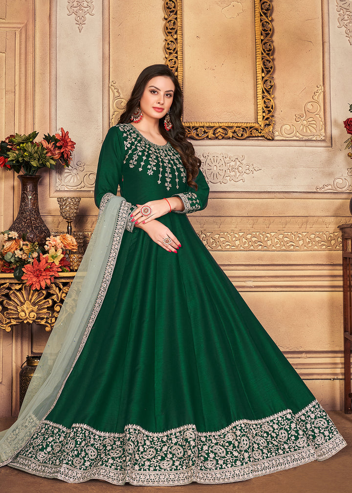 Buy Now Festive Elegant Green Embroidered Silk Anarkali Suit Online in Canada at Empress Clothing.