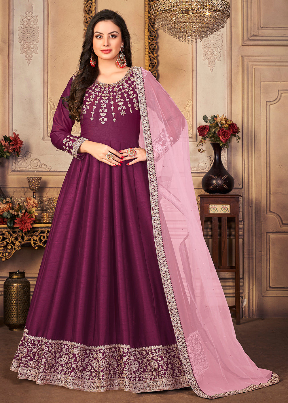 Buy Now Festive Charming Purple Embroidered Silk Anarkali Suit Online in Canada at Empress Clothing.
