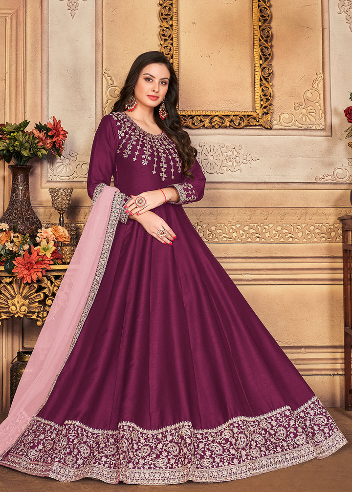Buy Now Festive Charming Purple Embroidered Silk Anarkali Suit Online in Canada at Empress Clothing.