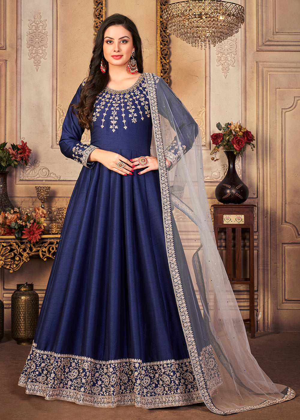 Buy Now Festive Enticing Blue Embroidered Silk Anarkali Suit Online in Canada at Empress Clothing.