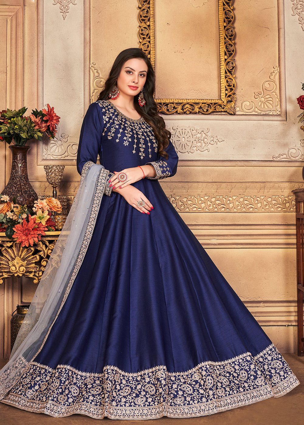 Buy Now Festive Enticing Blue Embroidered Silk Anarkali Suit Online in Canada at Empress Clothing.