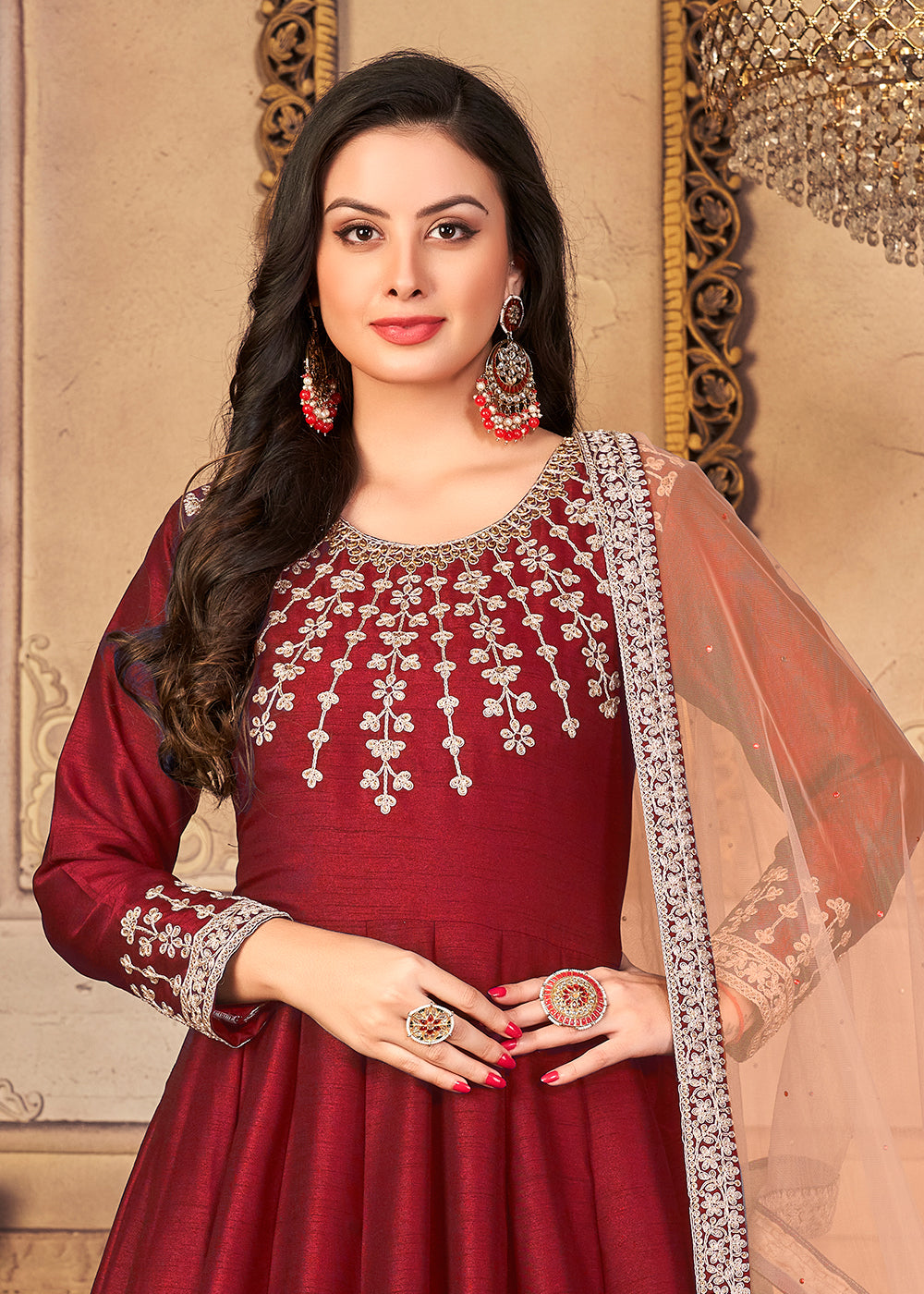 Buy Now Festive Stunning Red Embroidered Silk Anarkali Suit Online in Canada at Empress Clothing.