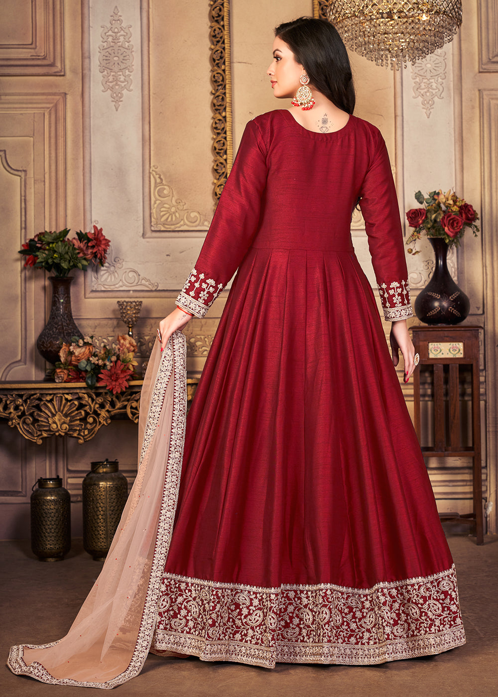 Buy Now Festive Stunning Red Embroidered Silk Anarkali Suit Online in Canada at Empress Clothing.