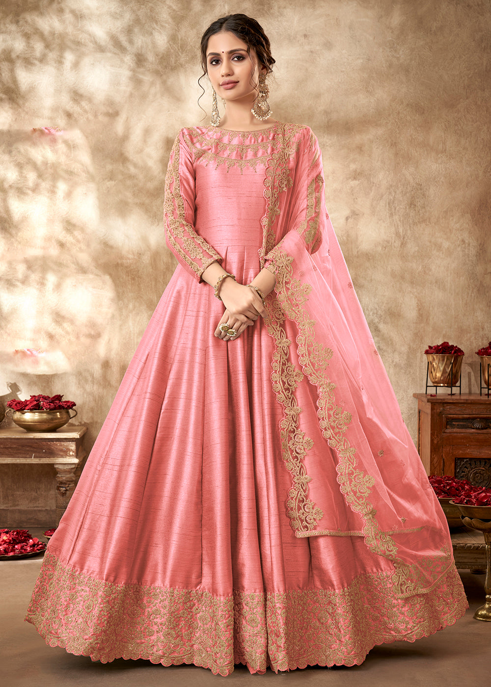 Buy Now Tempting Salmon Pink Art Silk Zari Embroidered Festive Anarkali Gown Online in UK at Empress Clothing. 