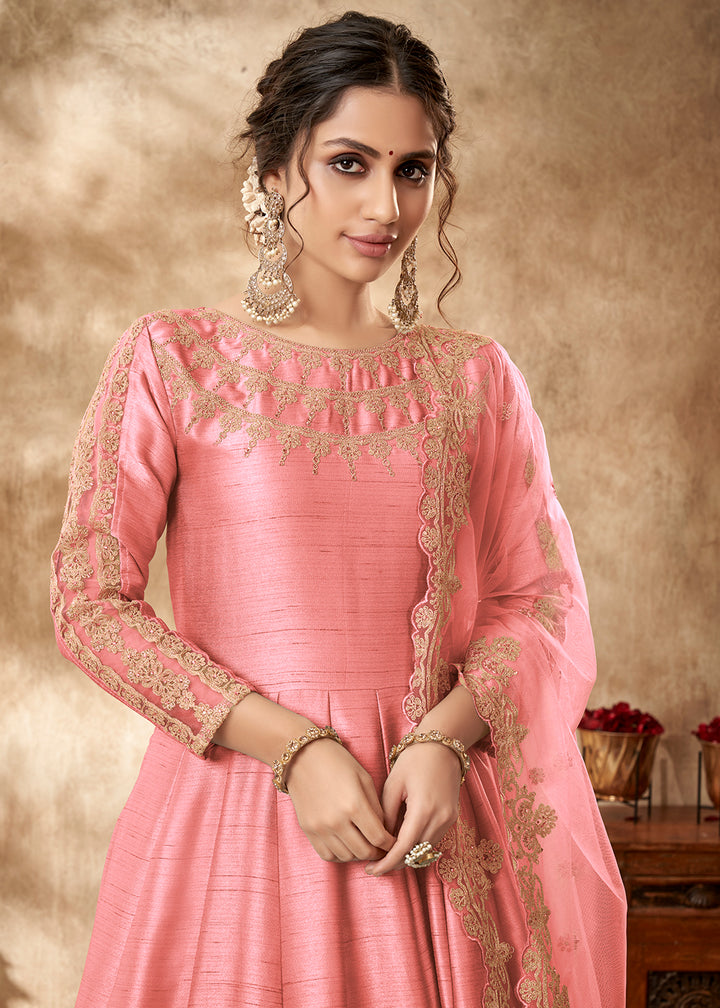 Buy Now Tempting Salmon Pink Art Silk Zari Embroidered Festive Anarkali Gown Online in UK at Empress Clothing. 