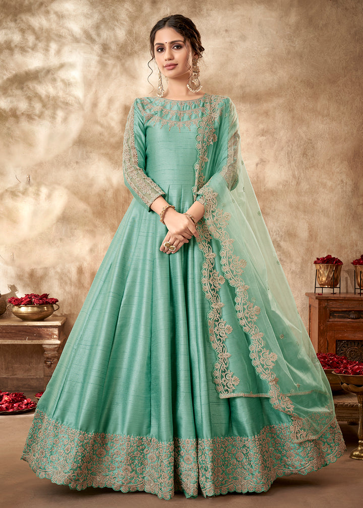 Buy Now Pretty Sea Green Art Silk Zari Embroidered Festive Anarkali Gown Online in UK at Empress Clothing.