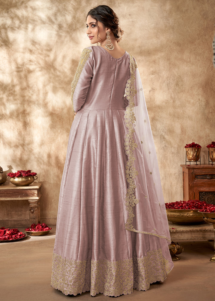 Buy Now Attractive Pale Mauve Art Silk Zari Embroidered Festive Anarkali Gown Online in UK at Empress Clothing.
