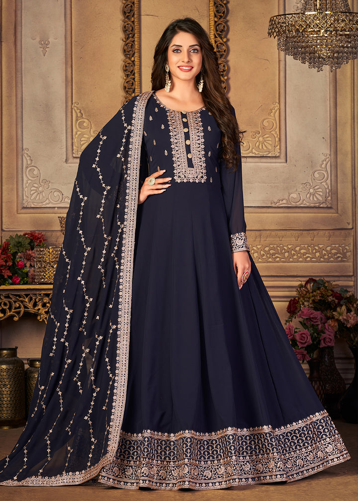 Buy Now Georgette Navy Blue Embellished Wedding Fest Anarkali Suit Online in Canada at Empress Clothing.