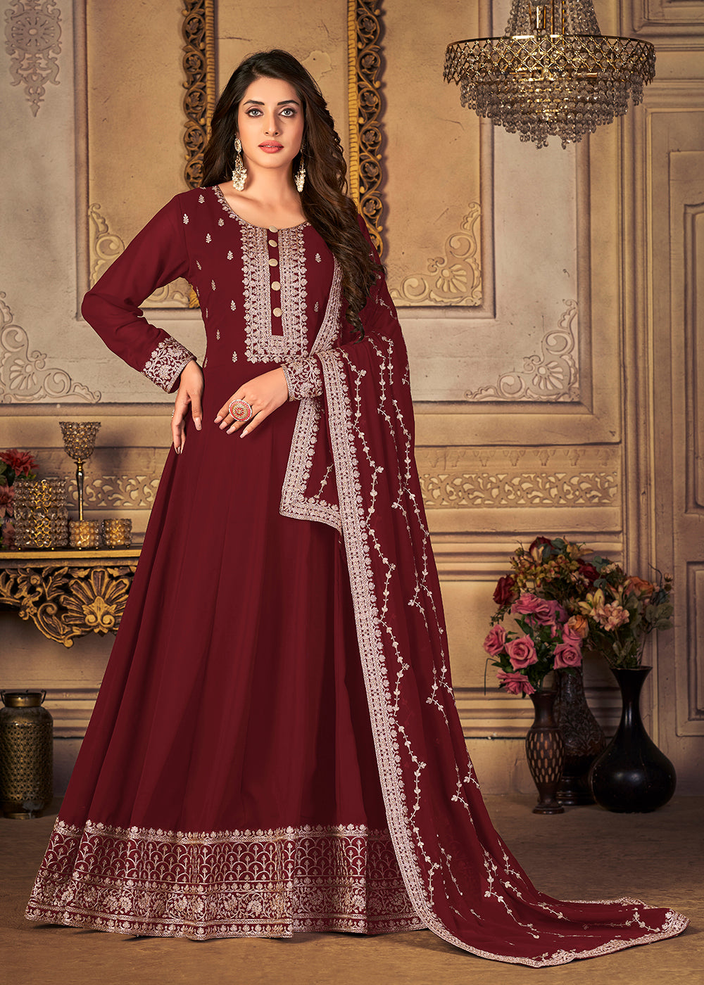 burgundy anarkali dress Maroon Pant Style Anarkali Suit Set