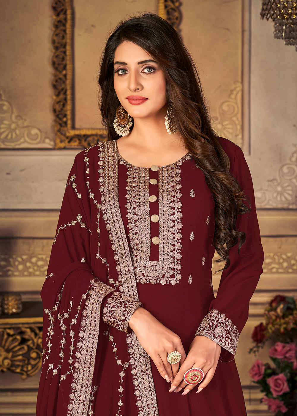 Buy Now Georgette Pretty Maroon Embellished Wedding Fest Anarkali Suit Online in Canada at Empress Clothing.