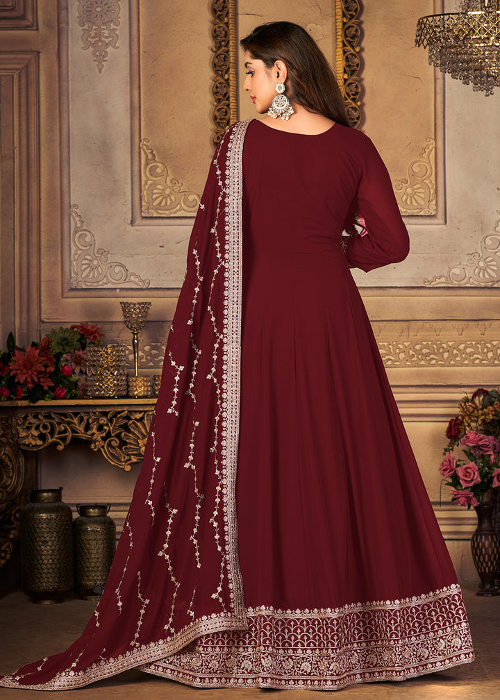 Buy Now Georgette Pretty Maroon Embellished Wedding Fest Anarkali Suit Online in Canada at Empress Clothing.