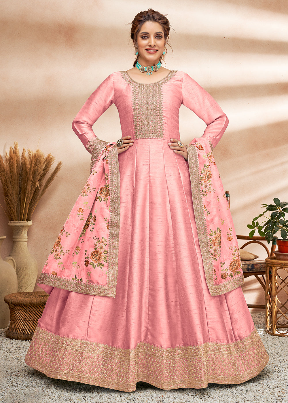 Buy Now Pretty Pink Art Silk Embellished Wedding & Party Anarkali Dress Online in Canada at Empress Clothing. 