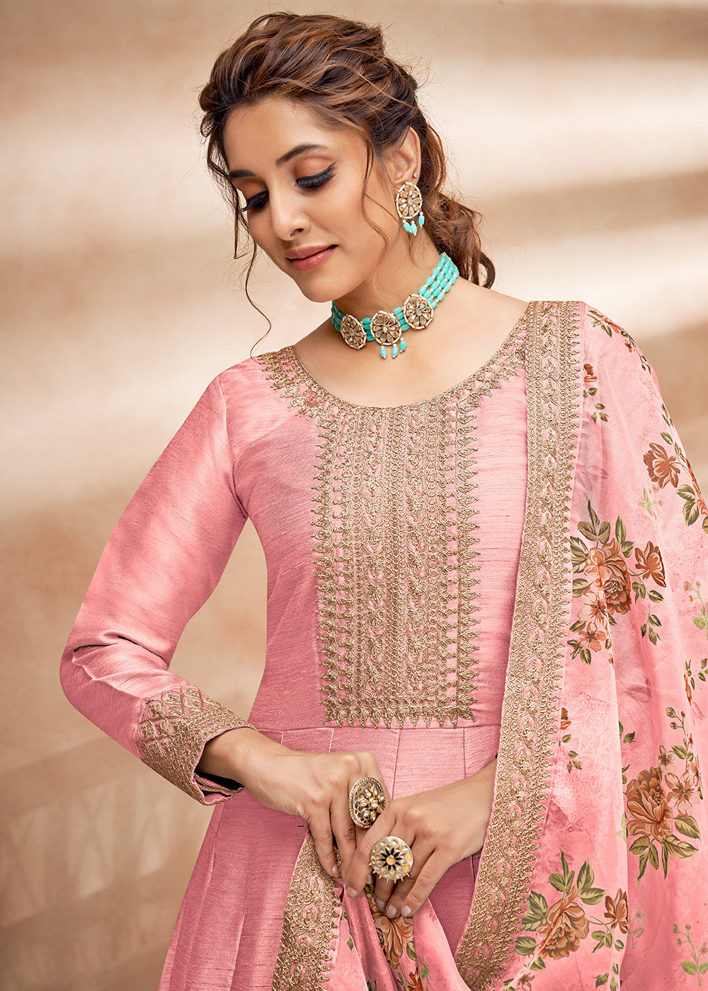 Buy Now Pretty Pink Art Silk Embellished Wedding & Party Anarkali Dress Online in Canada at Empress Clothing. 