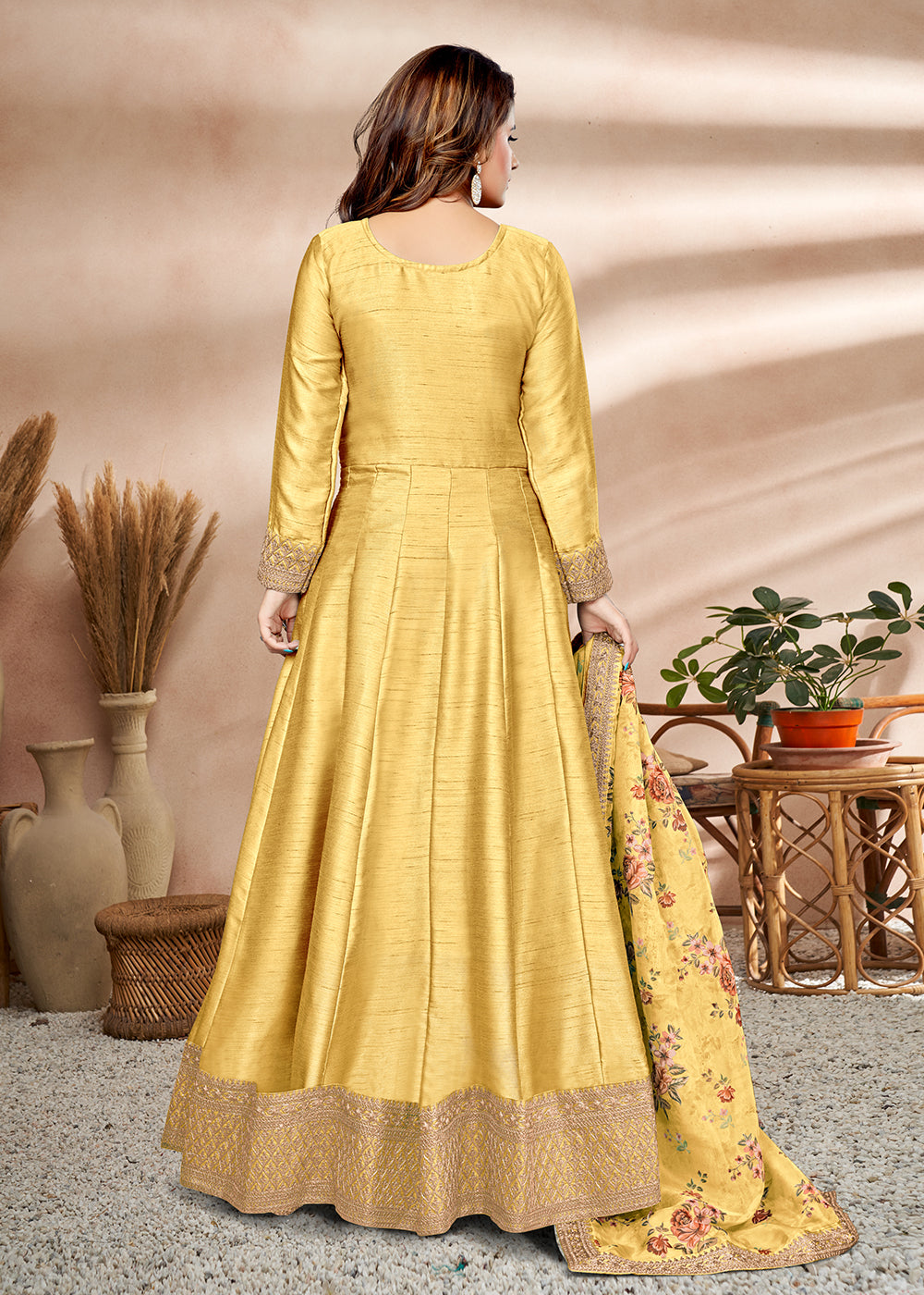 Buy Now Cute Yellow Art Silk Embellished Wedding & Party Anarkali Dress Online in Canada at Empress Clothing.