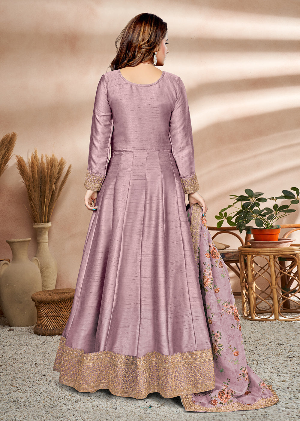 Buy Now Appealing Mauve Art Silk Embellished Wedding & Party Anarkali Dress Online in Canada at Empress Clothing.
