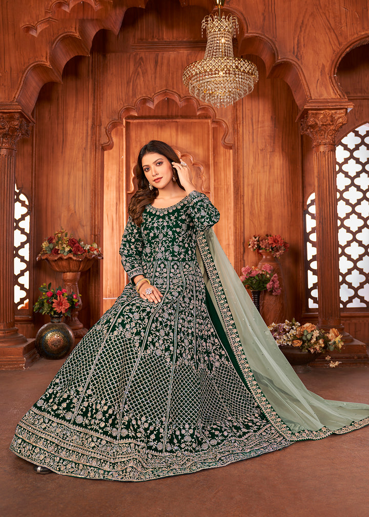 Buy Now Amazing Green Velvet Wedding Function Wear Anarkali Suit Online in USA, UK, Australia, New Zealand, Canada & Worldwide at Empress Clothing. 
