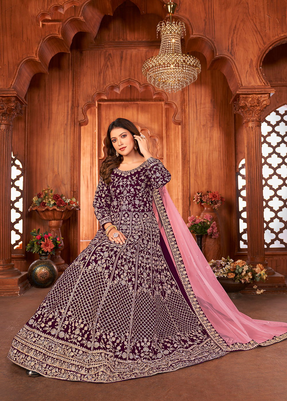 Buy Now Radiant Purple Velvet Wedding Function Wear Anarkali Suit Online in USA, UK, Australia, New Zealand, Canada & Worldwide at Empress Clothing.