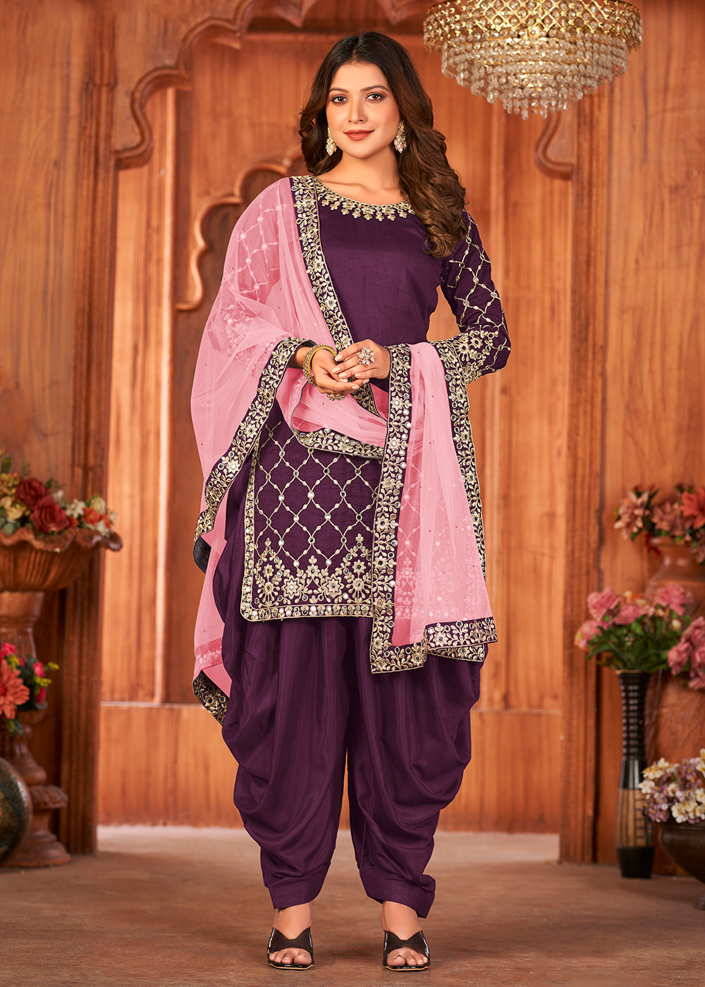 Buy Now Grape Purple Glass Work Art Silk Patiala Salwar Suit Online in USA, UK, Canada & Worldwide at Empress Clothing.