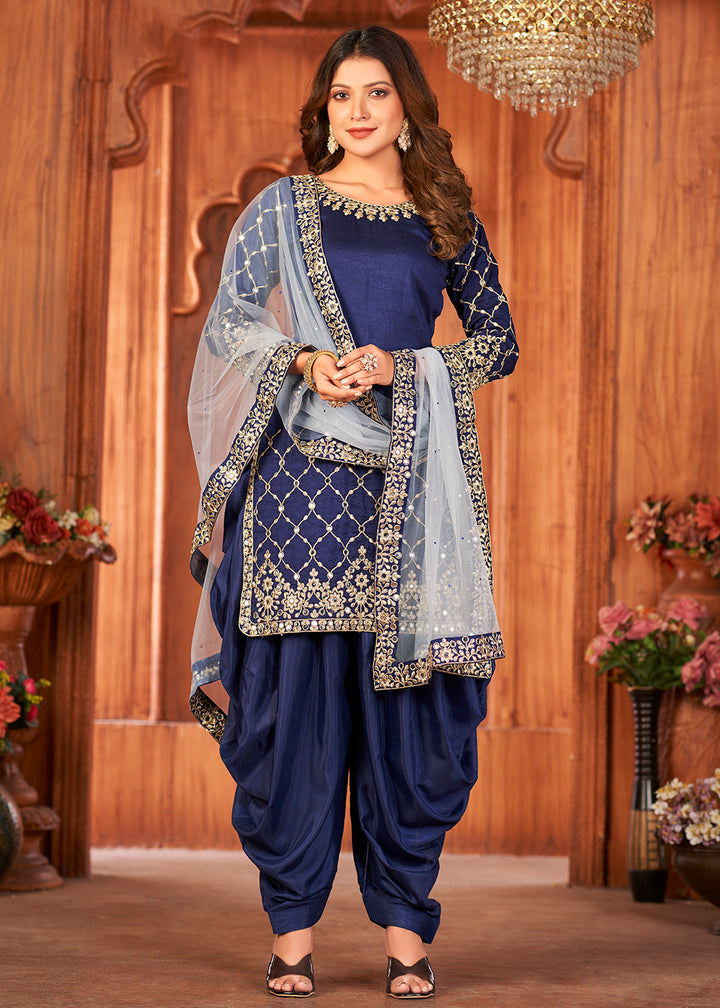 Buy Now Navy Blue Glass Work Art Silk Patiala Salwar Suit Online in USA, UK, Canada & Worldwide at Empress Clothing.