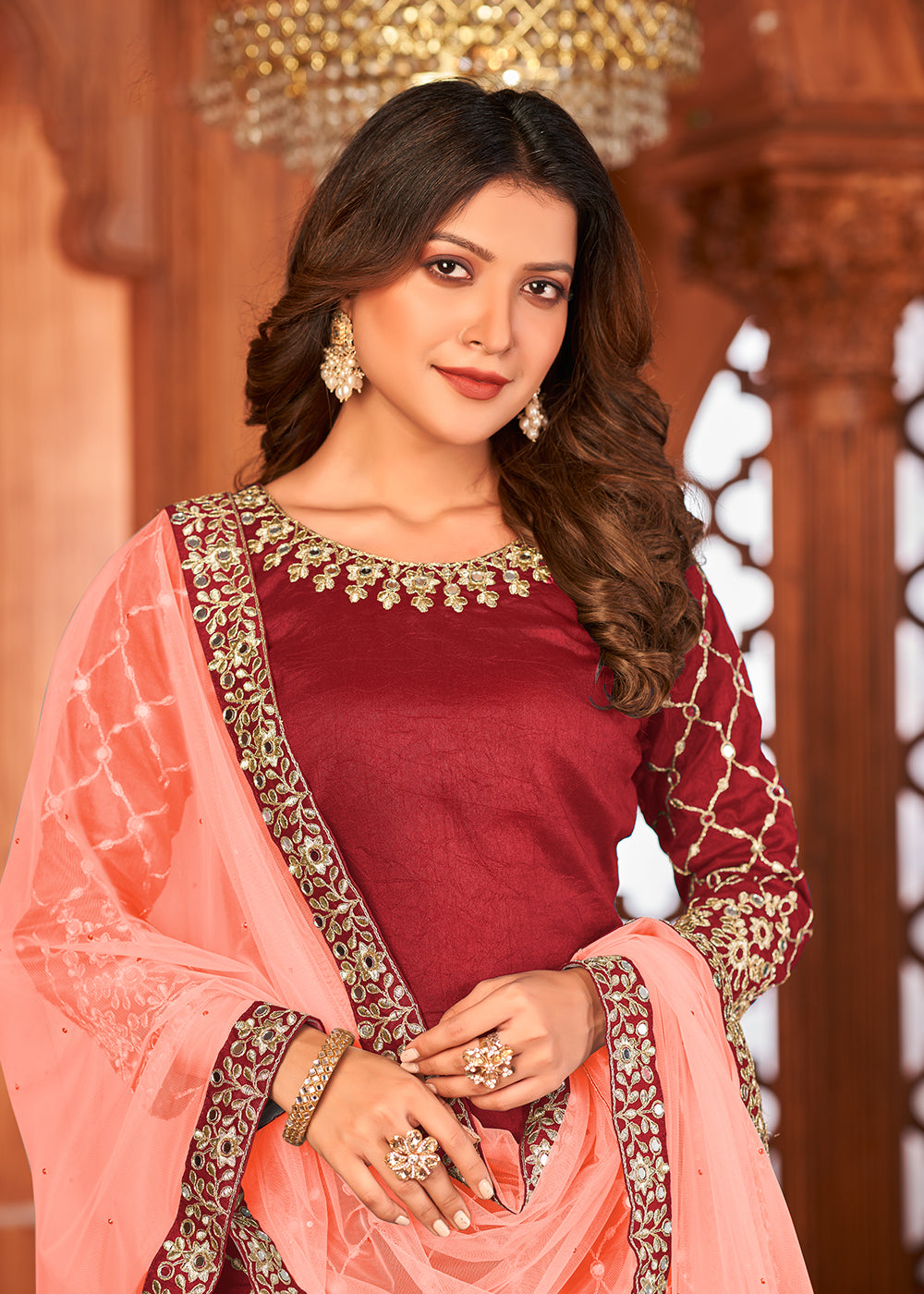 Buy Now Hot Red Glass Work Art Silk Patiala Salwar Suit Online in USA, UK, Canada & Worldwide at Empress Clothing.