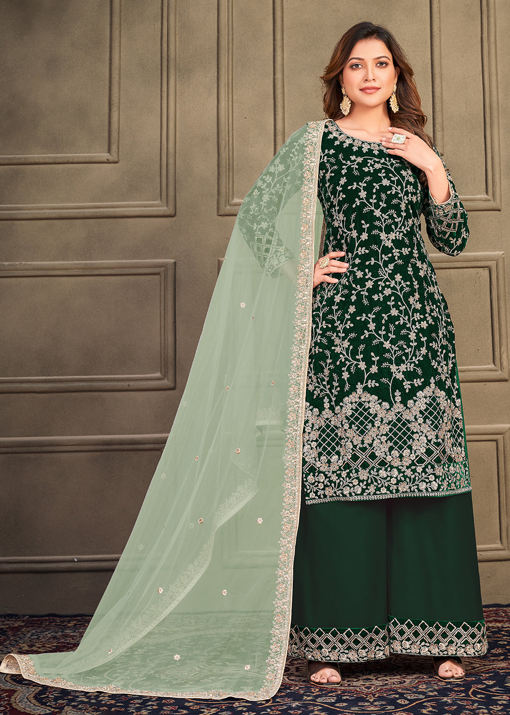 Buy Now Traditional Party Wear Dark Green Velvet Palazzo Kurta Set Online in USA, UK, Canada & Worldwide at Empress Clothing.
