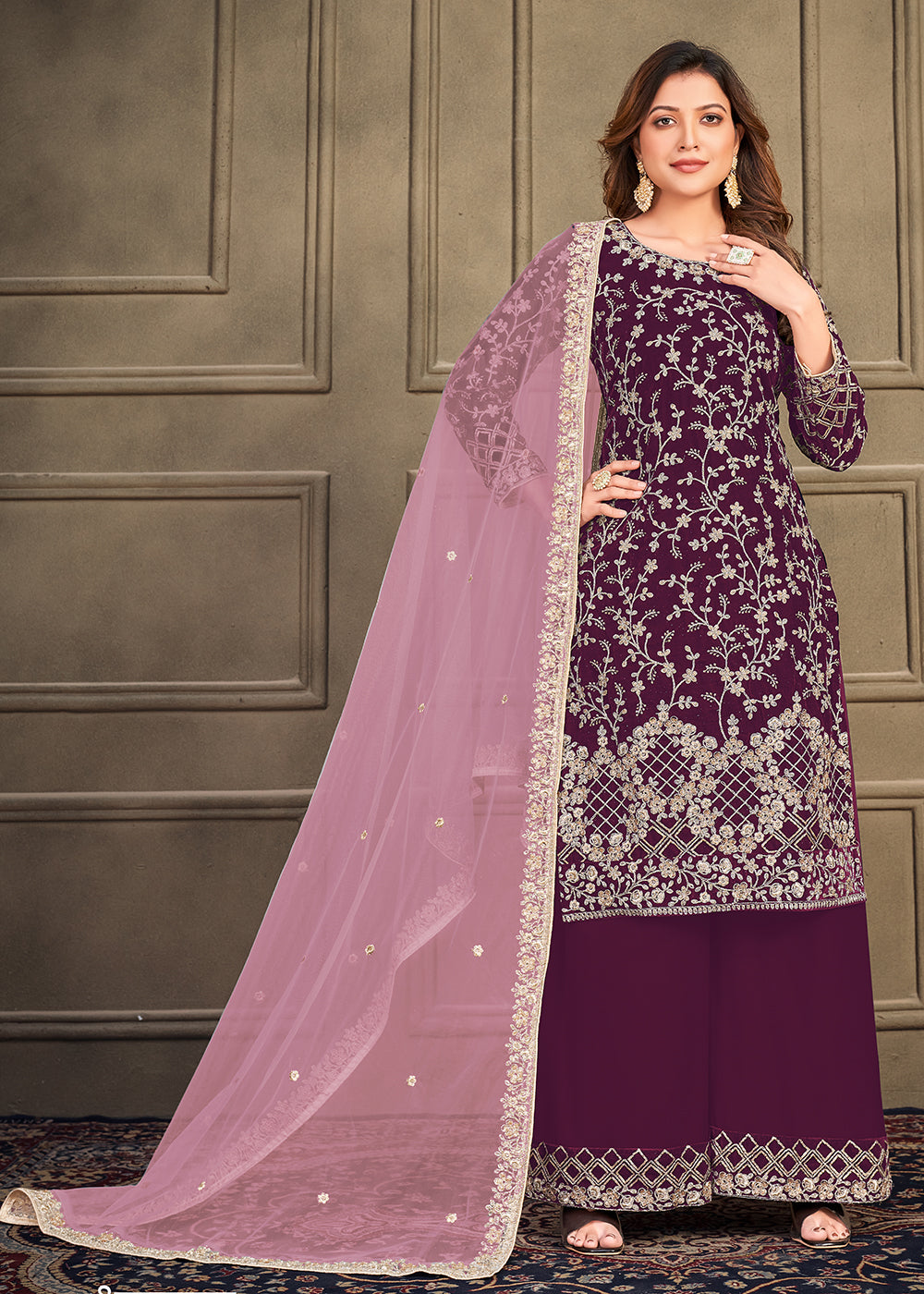 Buy Now Traditional Party Wear Plum Purple Velvet Palazzo Kurta Set Online in USA, UK, Canada & Worldwide at Empress Clothing.
