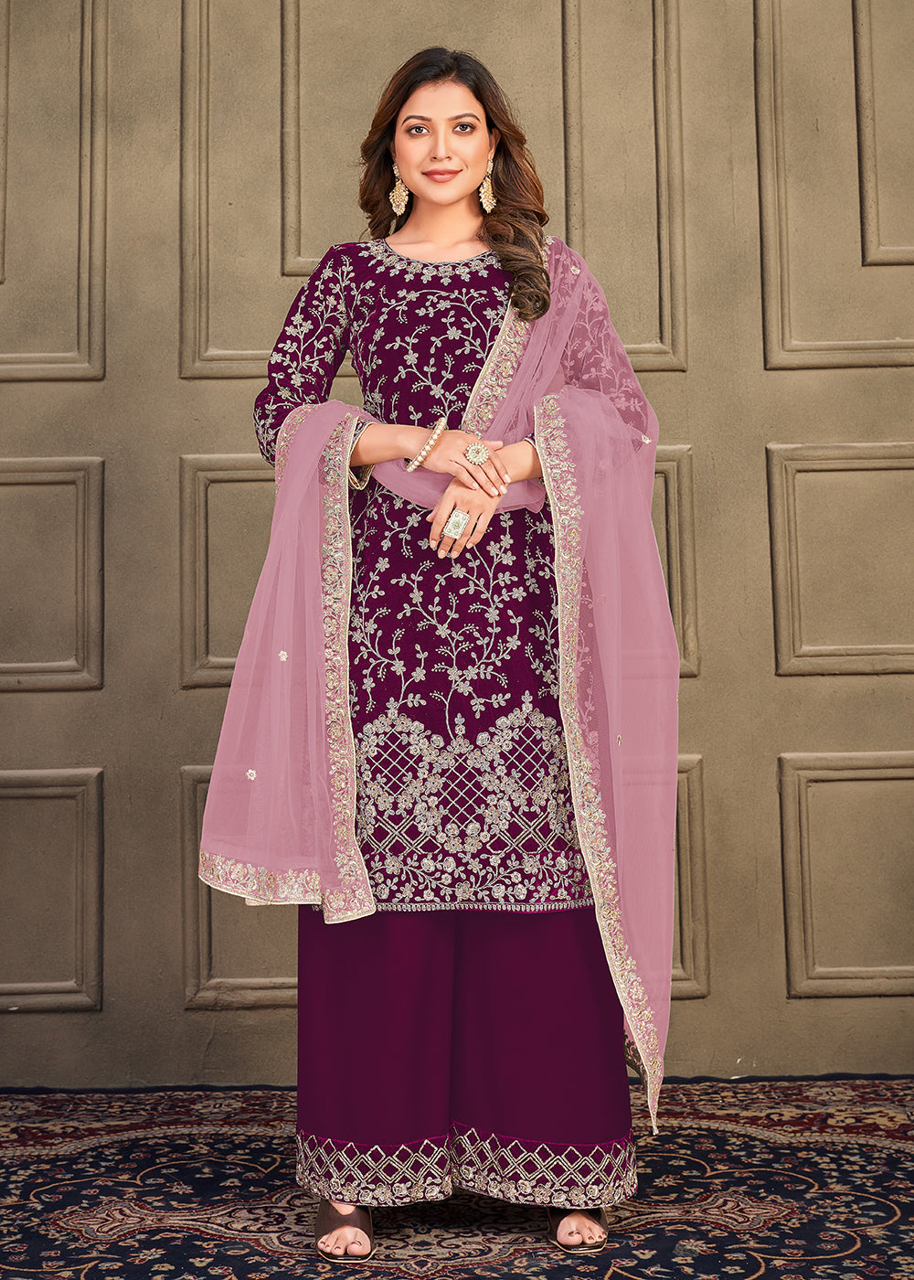 Buy Now Traditional Party Wear Plum Purple Velvet Palazzo Kurta Set Online in USA, UK, Canada & Worldwide at Empress Clothing.
