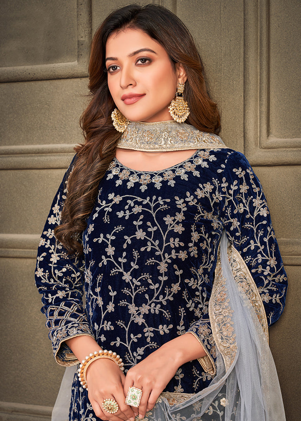 Buy Now Traditional Party Wear Navy Blue Velvet Palazzo Kurta Set Online in USA, UK, Canada & Worldwide at Empress Clothing.
