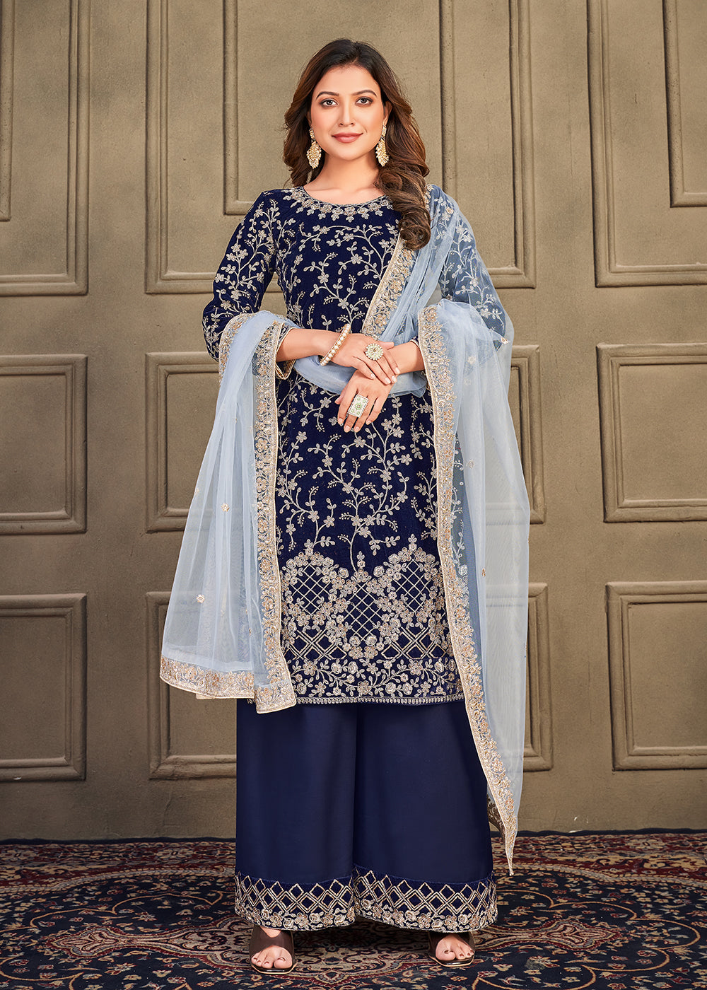 Buy Now Traditional Party Wear Navy Blue Velvet Palazzo Kurta Set Online in USA, UK, Canada & Worldwide at Empress Clothing.