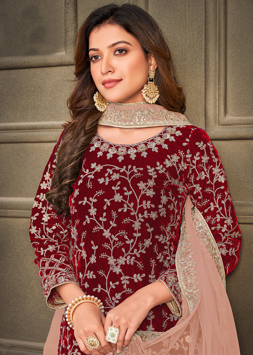 Buy Now Traditional Party Wear Bright Red Velvet Palazzo Kurta Set Online in USA, UK, Canada & Worldwide at Empress Clothing.