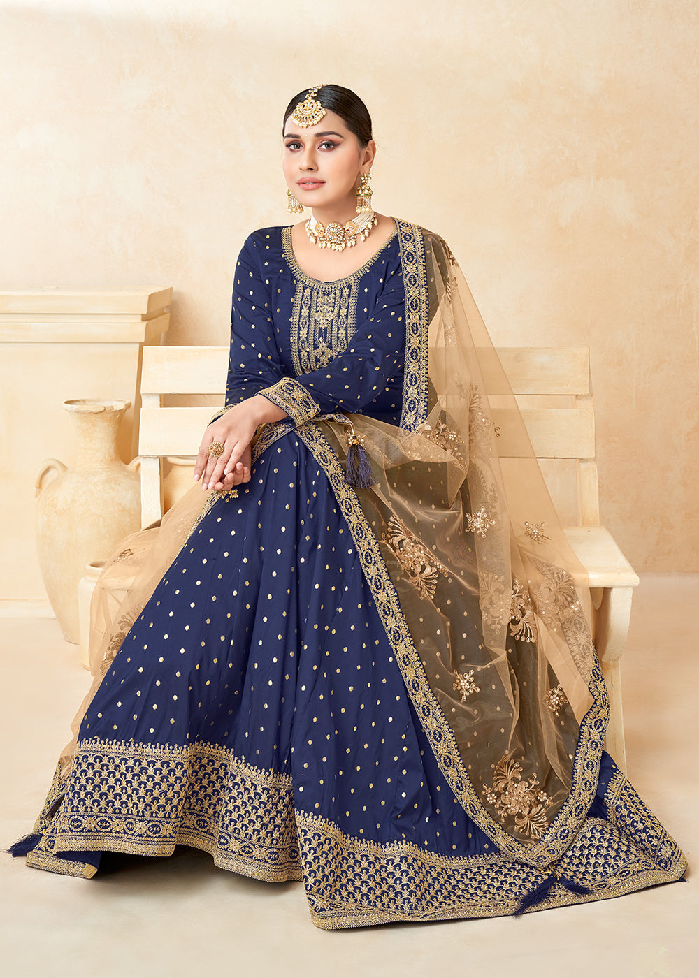 Ethinc Wear Anarkali Dress - Blue Silk Embroidered Indian Anarkali Empress Clothing Ethinc Wear Anarkali Dress - Blue Silk Embroidered Indian Anarkali Empress Clothing