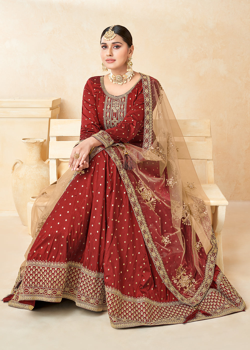 Buy Now Red Silk Embroidered Indian Ethnic Wear Anarkali Dress Online in USA, UK, Australia, New Zealand, Canada & Worldwide at Empress Clothing.