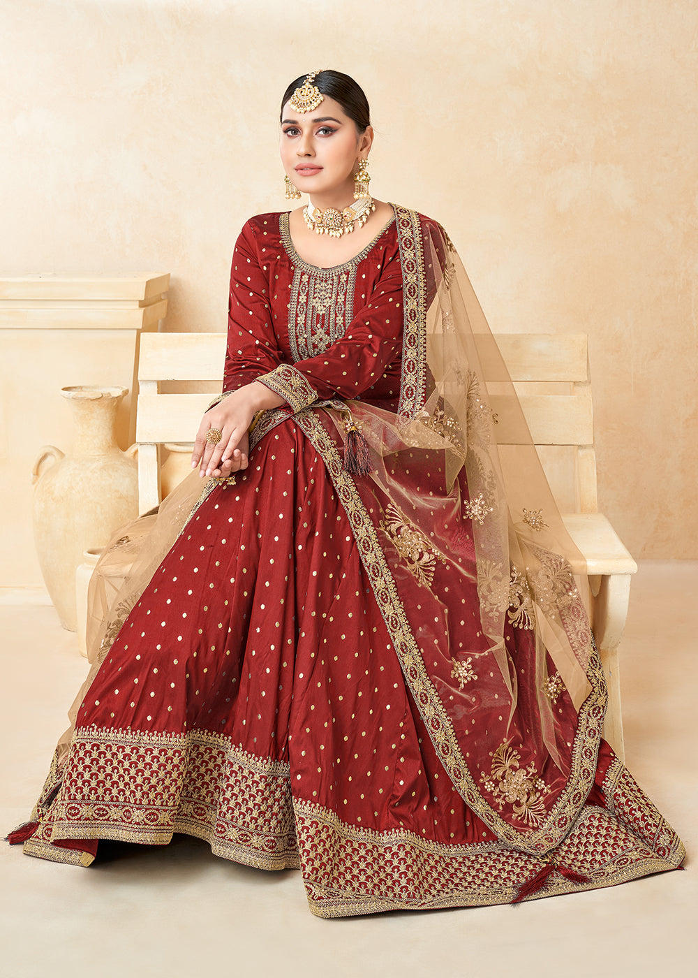 Buy Ethnic Wear Anarkali Dress Red Silk Embroidered Indian