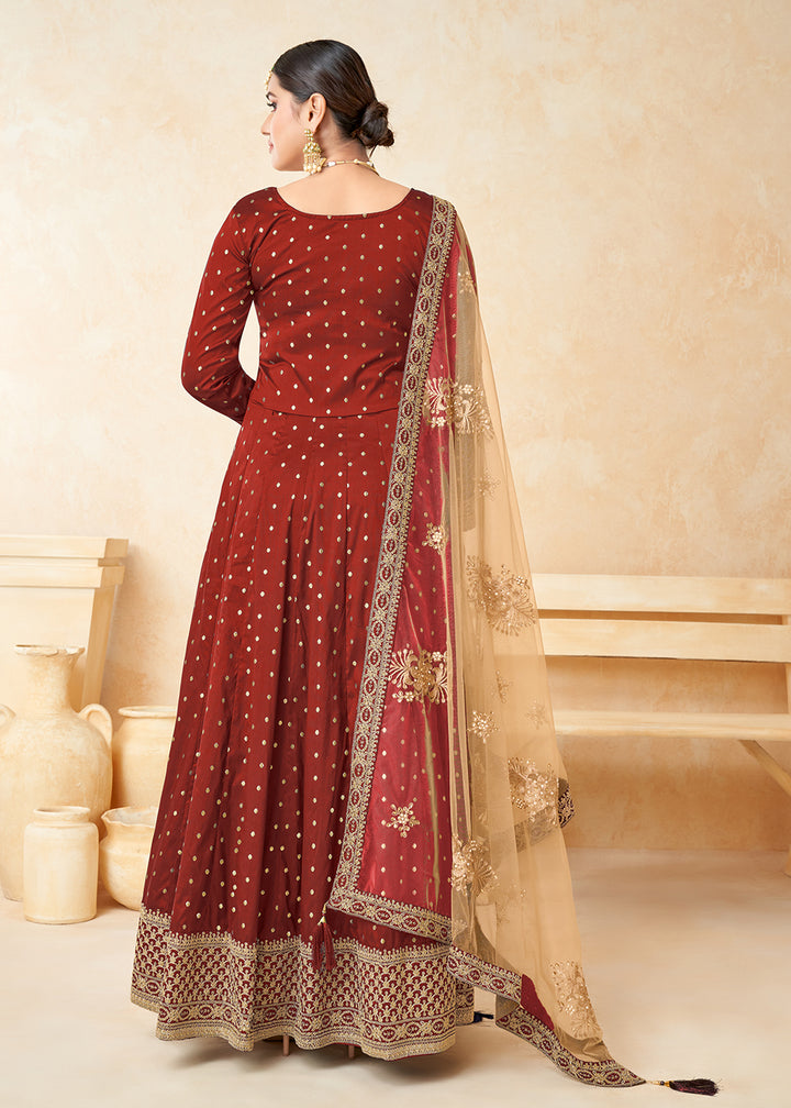 Buy Now Red Silk Embroidered Indian Ethnic Wear Anarkali Dress Online in USA, UK, Australia, New Zealand, Canada & Worldwide at Empress Clothing.