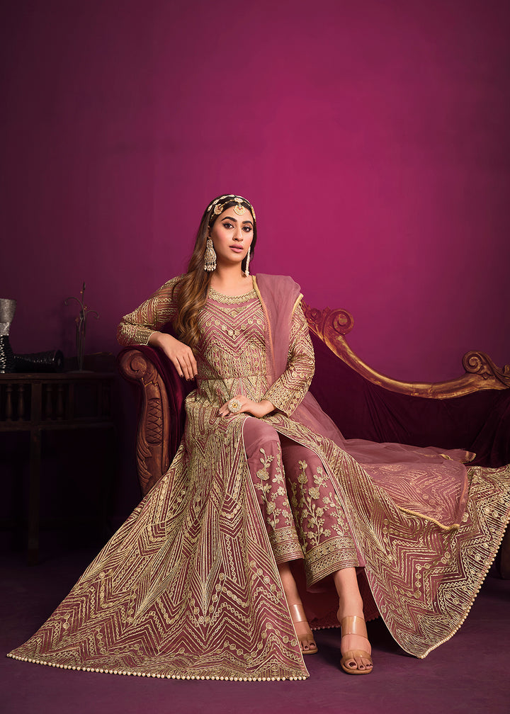 Buy Now Net Elegant Pink Floor Length Sangeet Wear Anarkali Suit Online in USA, UK, Australia, New Zealand, Canada, Italy & Worldwide at Empress Clothing. 